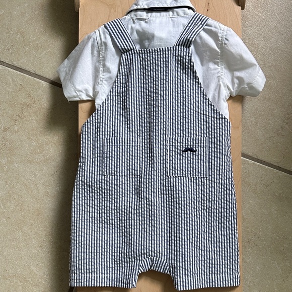 Kids Navy and White Striped Overalls with Bow Tie - Picture 3 of 3